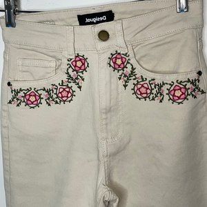 💗Desigual Women’s Denim Cream Pants Embroidered Amore Floral Size EUR 36